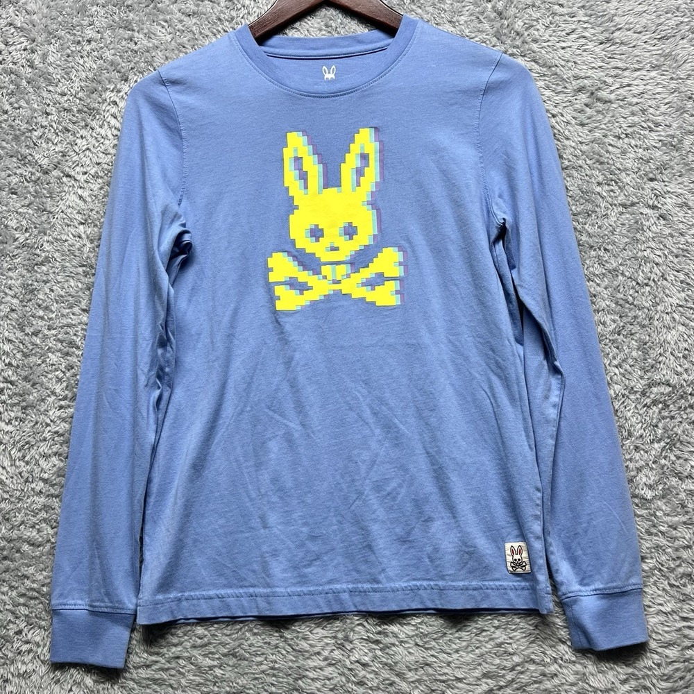 Psycho Bunny Shirt Mens‎ XXS Blue Yellow Pixalated Crossbones Logo Pima